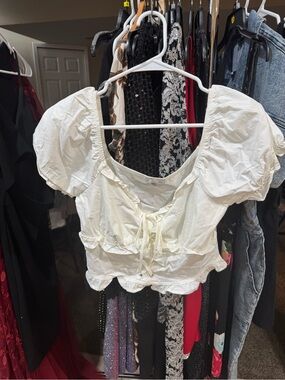 White Puff Sleeve Tie-Front Ruffled Peplum Top